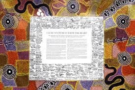 The Uluru Statement from the Heart, framed by Indigenous artwork, represents connection to Country and the pursuit of reconciliation.