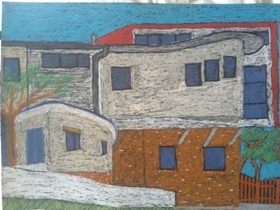 Textured oil pastel drawing explores architectural perspective and vibrant colour, grounding school spirit within the Blue Mountains landscape.