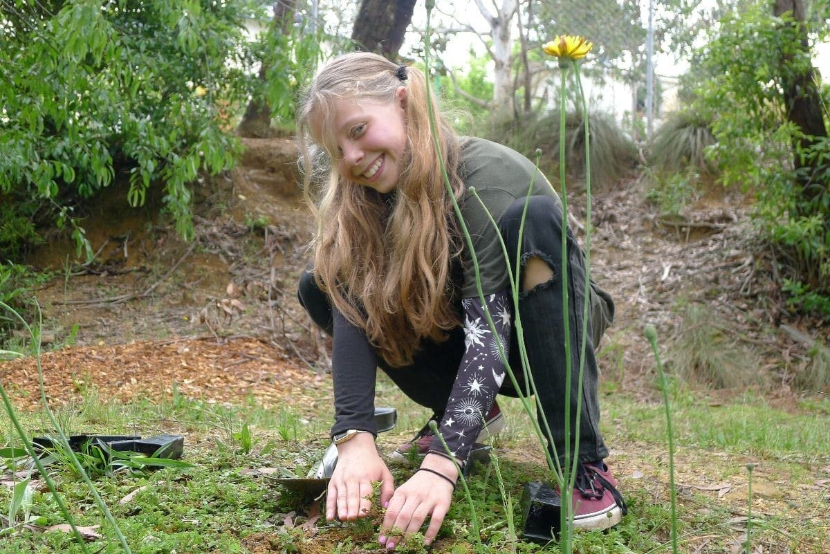 ill Steiner School.* (19 words). 1: A 2: smiling 3: student 4: plants 5: native 6: flora, 7: connecting
