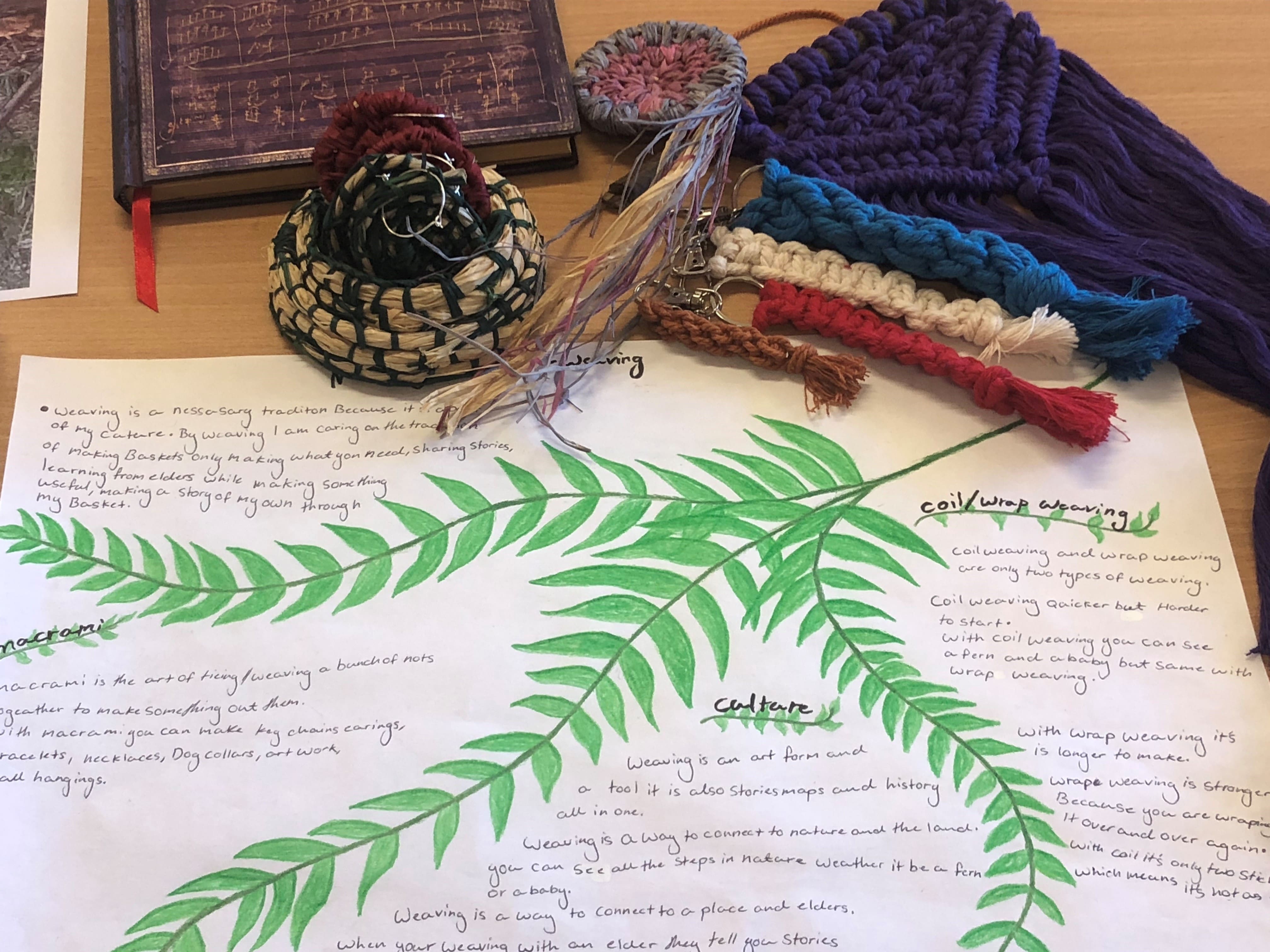 Hand-woven macrame and a learning journal honour the deep connection between artistic craft, nature, and ancestral stories.