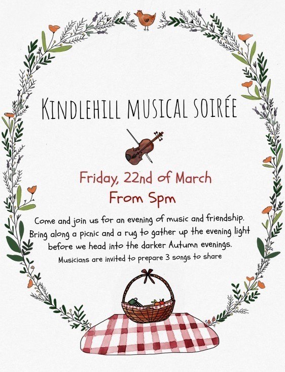 Hand-drawn botanical wreath encircles a violin and picnic, symbolising community connection through seasonal music and shared artistic celebration.