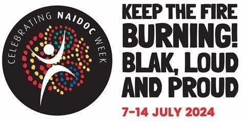 NAIDOC theme Keep the Fire Burning beside Aboriginal motifs, symbolising deep connection to Country and First Nations pride.