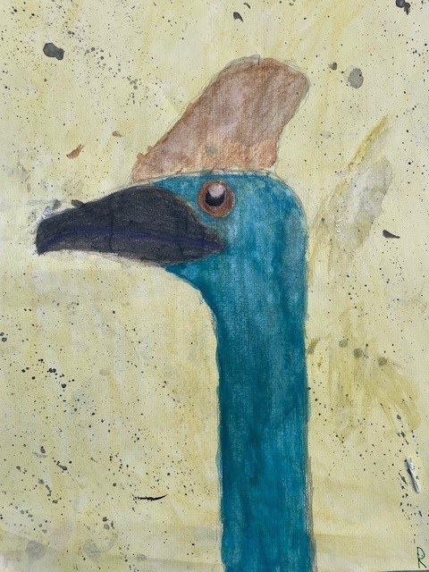 A students colourful cassowary painting honours native wildlife through artistic expression, rooted in nature-based learning and connection to Country.