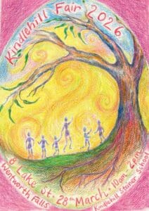 Figures connect beneath a majestic, rooted tree and glowing golden sky, honouring community and connection to the land.