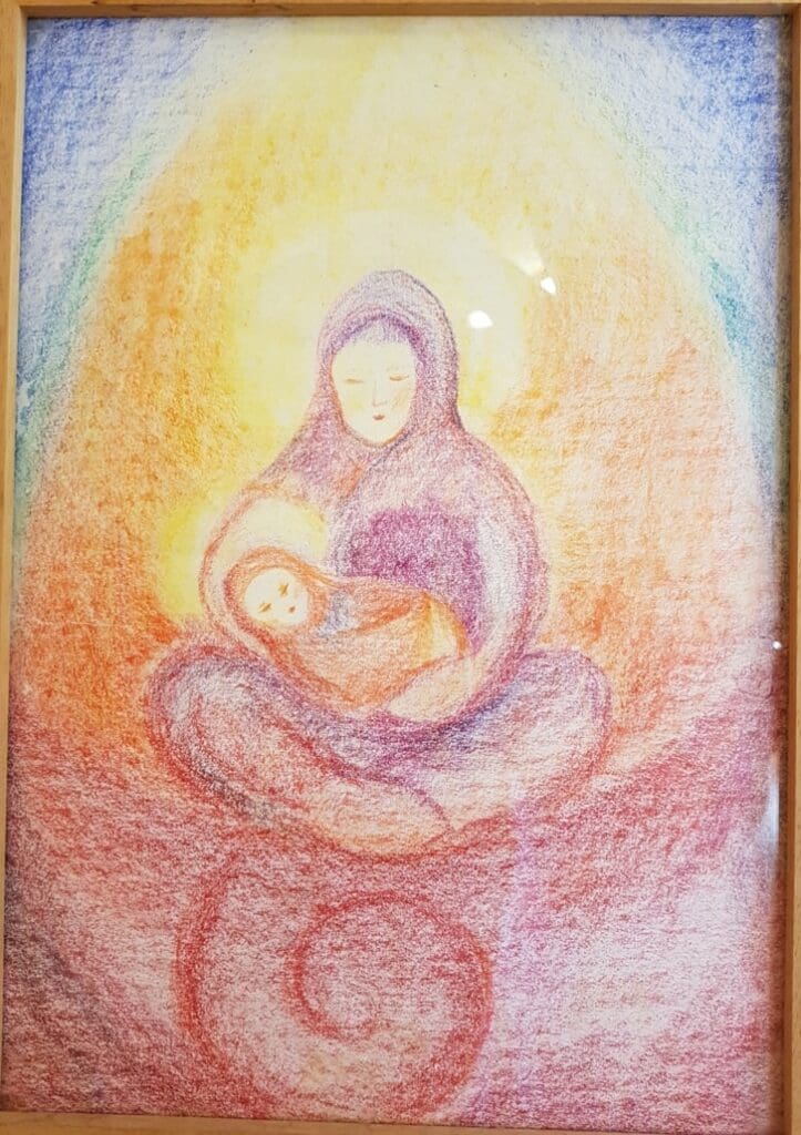 Radiant light encloses a nurturing figure and child, honouring the sacred bond and gentle rhythm of growing together.