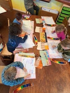 Students engage head, heart, and hands, fostering community and imagination through shared artistic expression around a communal table.
