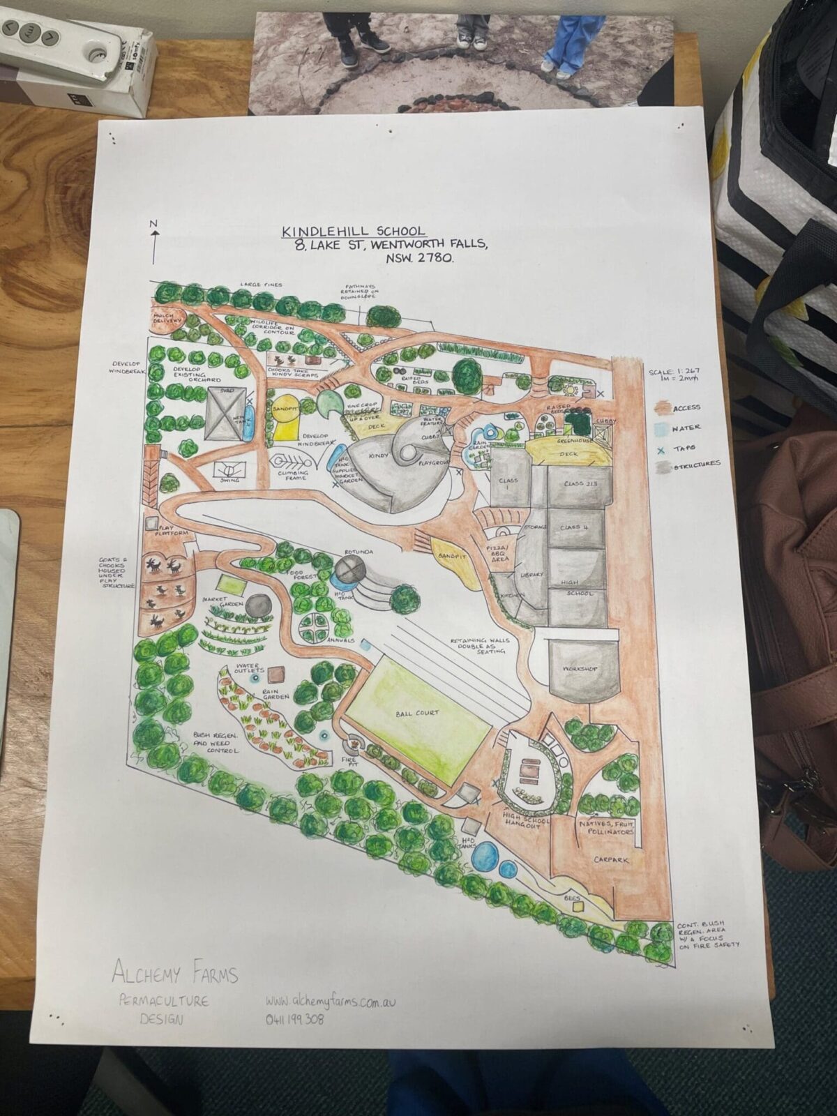 Hand-drawn permaculture plan weaving earth-centred learning through gardens, bushland, and community gathering spaces at Kindlehill School.